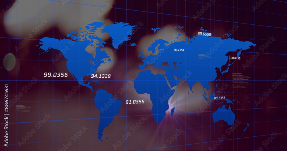 Poster image of world map and data processing over grid network against city traffic