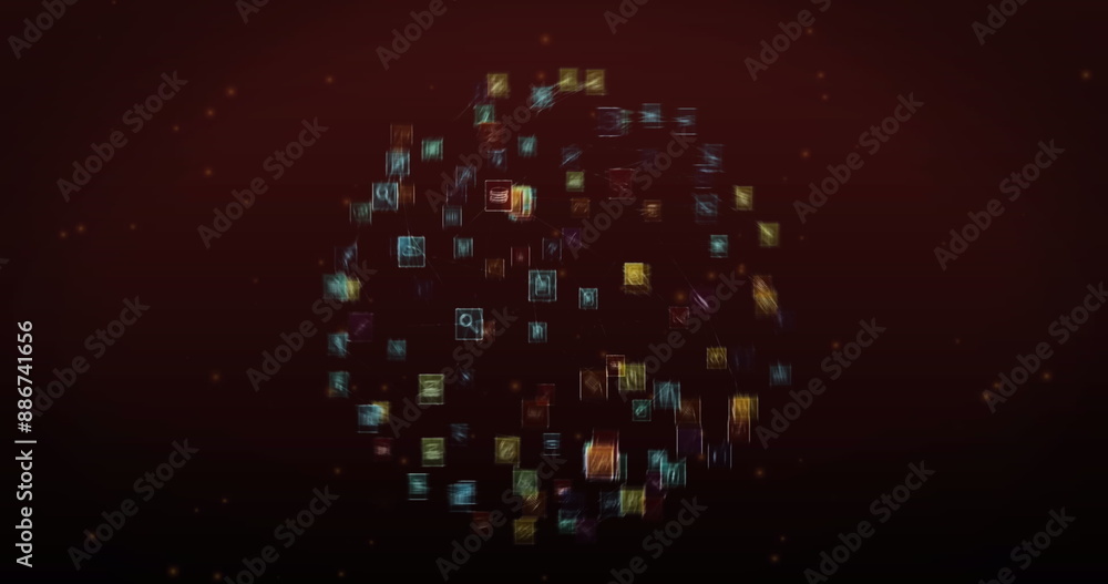 Poster image of glowing spots floating over globe of digital icons against red background