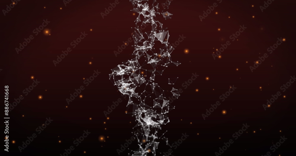 Aufkleber image of digital wave of plexus networks spinning and glowing orange spots on red background