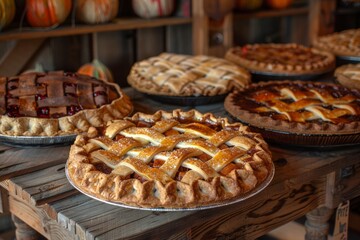 On the rough wooden table, there are beautiful, delicious pies.