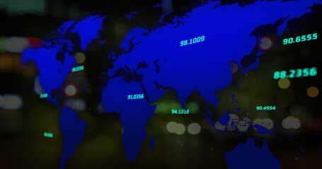 Image of numbers and map over defocused vehicles moving on street in city