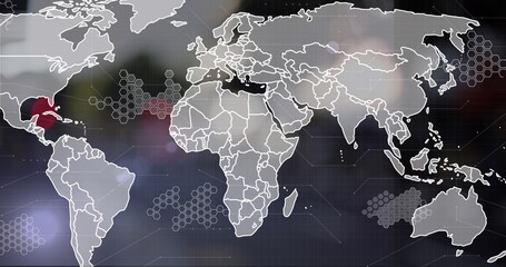 Image of connected dots, hexagon patterns, map over defocused city in background