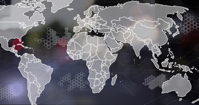 Image of connected dots, hexagon patterns, map over defocused city in background