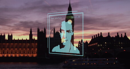 Fototapeta premium Image of financial data processing over biometric photo and london cityscape