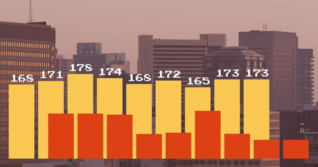 Image of financial data processing over cityscape