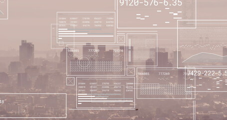 Image of financial data processing over cityscape