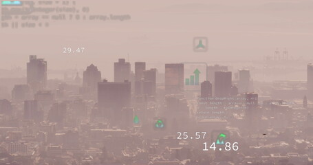 Image of eco icons and financial data processing over cityscape
