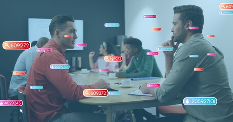 Image of notification bars with numbers over diverse male colleagues discussing in meeting
