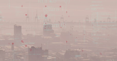 Image of financial data processing over cityscape