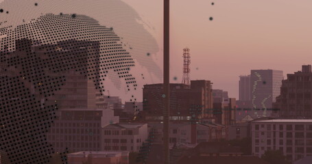 Image of financial data processing over cityscape