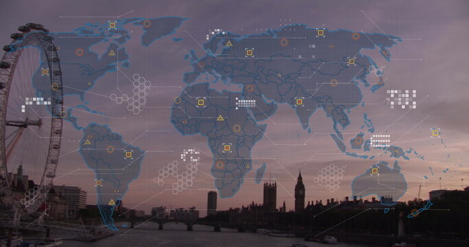 Image of financial data processing over wold map and london cityscape