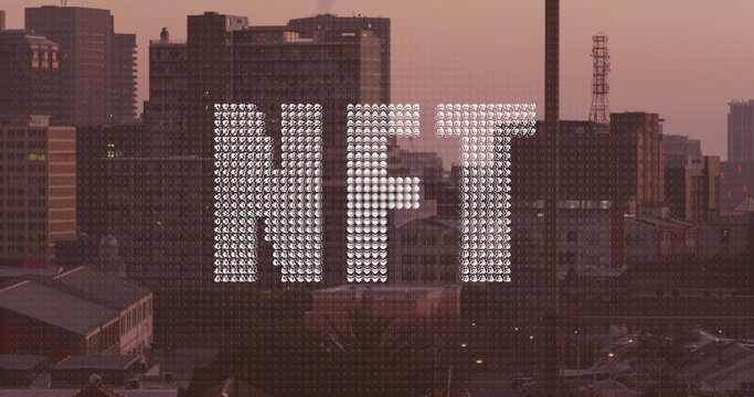 Image of nft text and data processing over cityscape