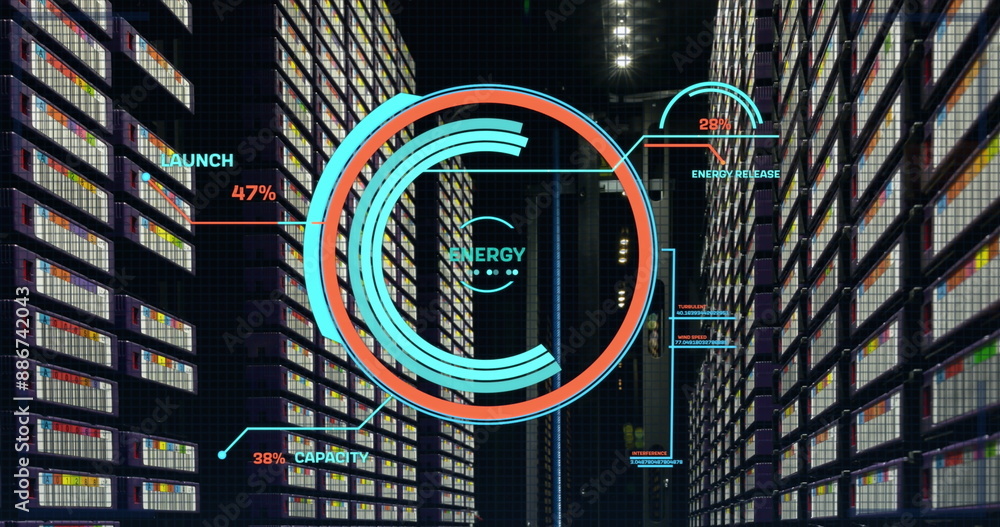 Poster image of round scanner and data processing against computer server room