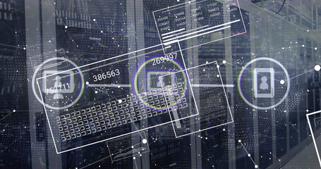Image of media icons and shapes over data processing and server room
