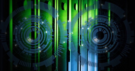 Image of two blue round scanner spinning against computer server room