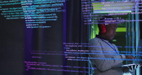 Image of data processing over african american male engineer using laptop at server room