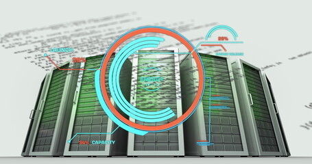 Image of round scanner and data processing over computer servers against white background