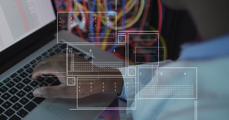 Image of data processing over african american male engineer using laptop at server room