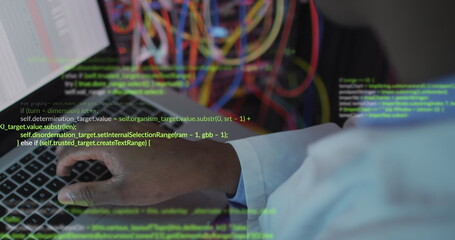 Image of data processing over african american male engineer using laptop at server room