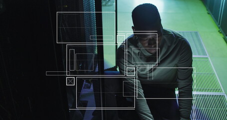 Image of screens with data processing over african american male engineer working at server room