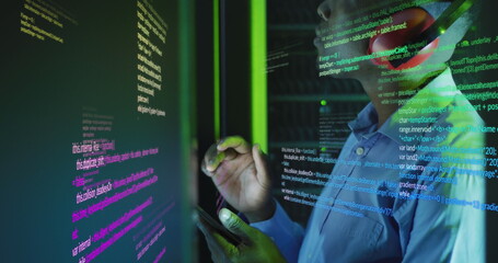 Image of data processing over african american male engineer using digital tablet at server room