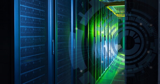 Image of blue round scanner spinning against computer server room