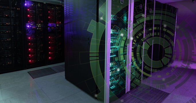 Image of green round scanner spinning against computer server room - Powered by Adobe