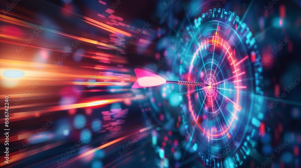 Poster a vibrant arrow flies through a field of digital data, striking the bullseye of a glowing neon targe