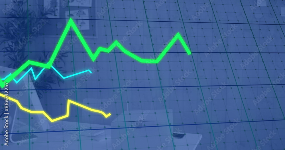 Poster image of lines and financial data processing over office
