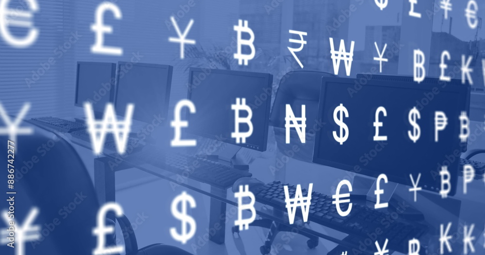 Poster image of currency and data processing over computers in office