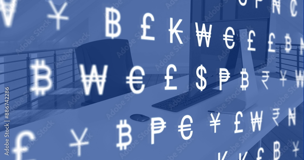 Poster an image of rows of currency signs moving on a transparent background