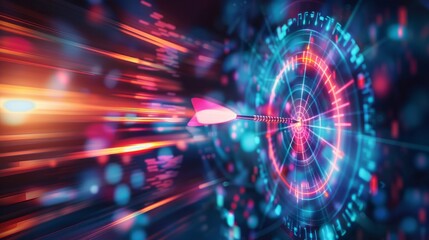 Obraz premium A vibrant arrow flies through a field of digital data, striking the bullseye of a glowing neon target