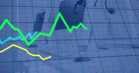 Image of lines and financial data processing over office