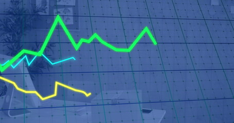 Image of lines and financial data processing over office