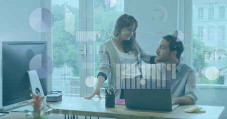 Image of financial data processing over diverse business people in office