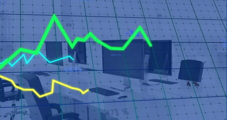 Image of lines and financial data processing over computers in office