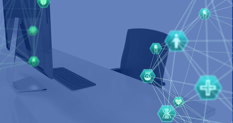 Naklejka premium Image of network of connections with icons over computer in office