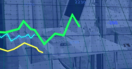 Image of data processing with lines over computer in office