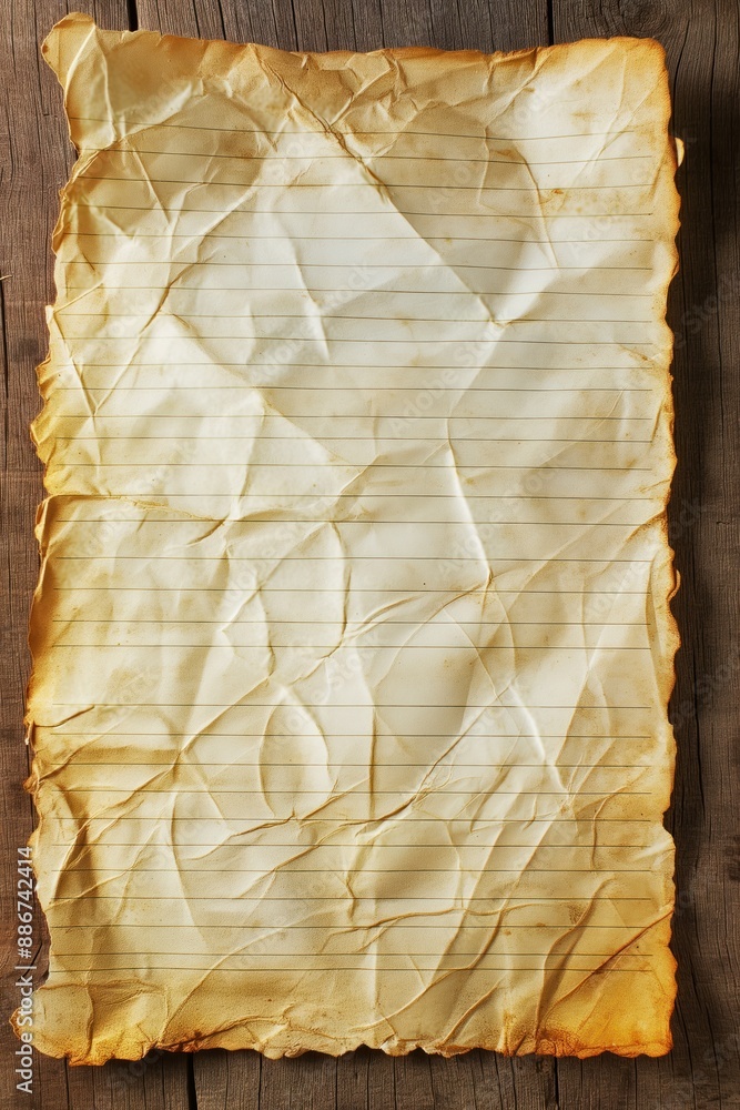 Poster Old paper crumpled on wooden surface with rustic charm. Close-up view of worn out notebook page with creases and folds. Perfect background texture for design projects or as a prop in photography.
