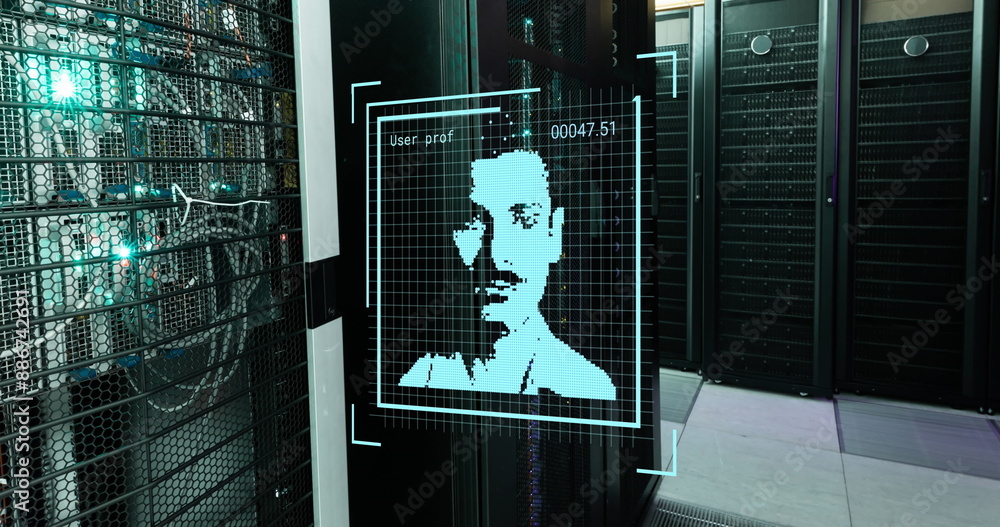 Poster image of biometric photo, data processing over computer servers