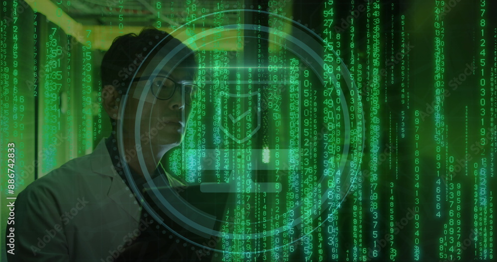 Poster image of binary coding data processing with asian male it technician by computer servers