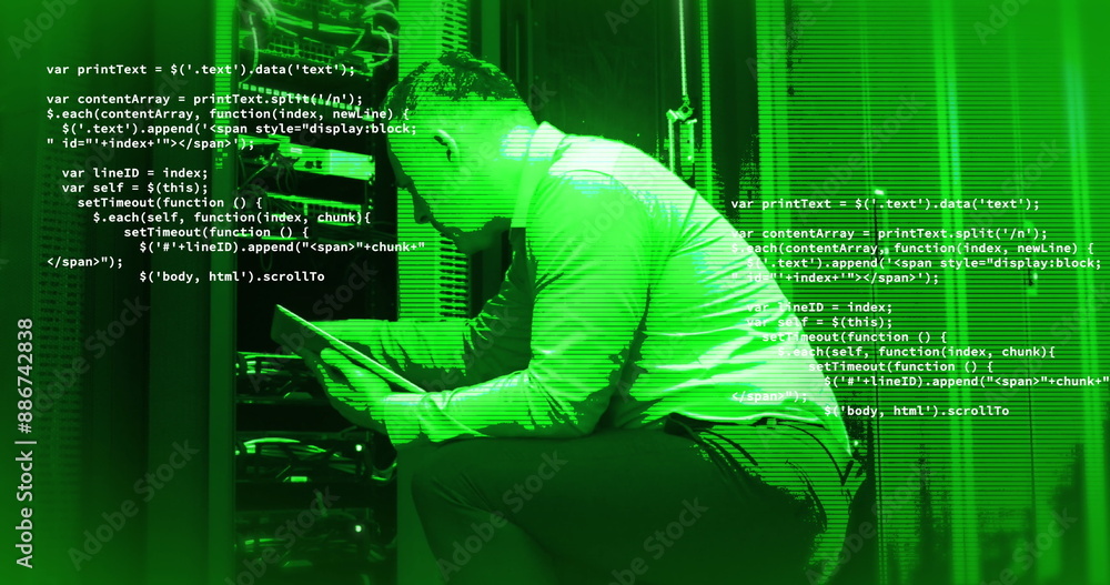 Poster image of data processing over caucasian male it technician by computer servers