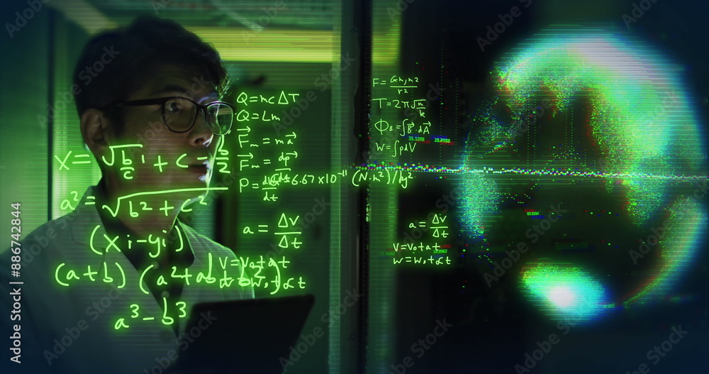 Poster image of data processing with asian it technician by computer servers