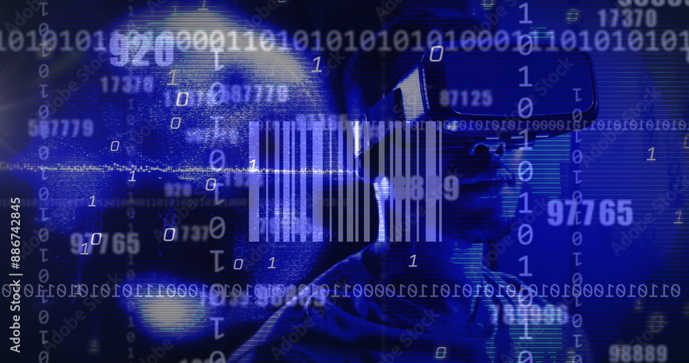 Poster image of bar code and binary coding data processing over african american man in vr headset