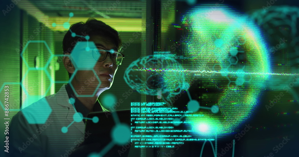 Poster image of globe and data processing with asian it technician by computer servers