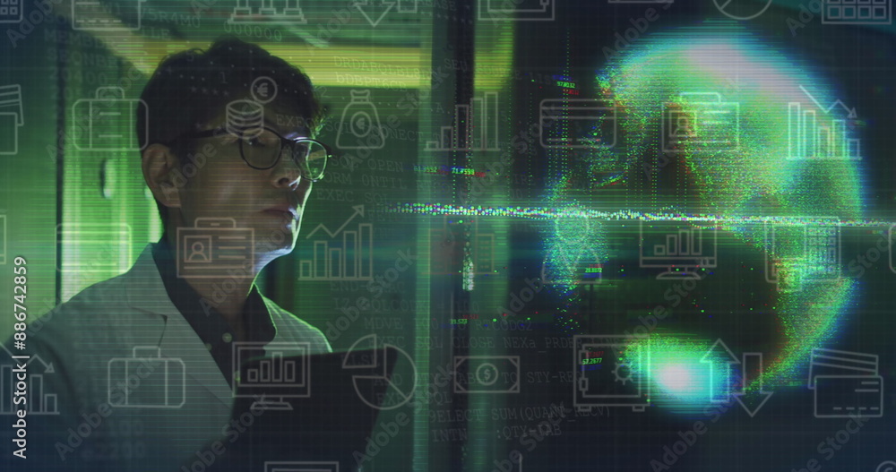 Poster image of icons and data processing with asian it technician by computer servers