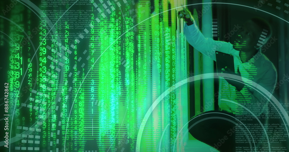 Poster image of binary coding data processing with african american it technician by computer servers