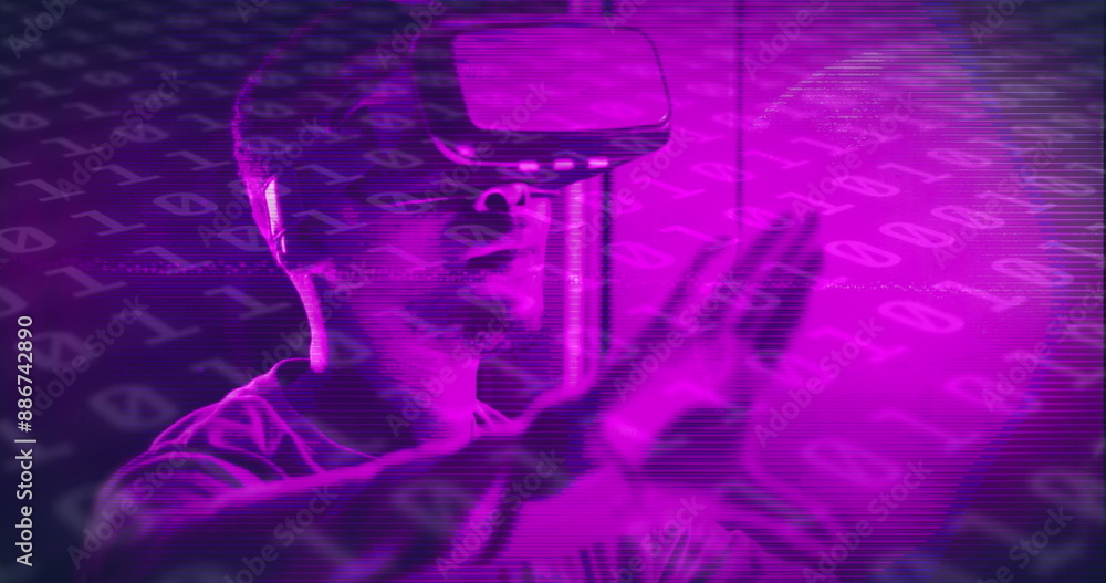 Poster image of binary coding data processing over african american man wearing vr headset