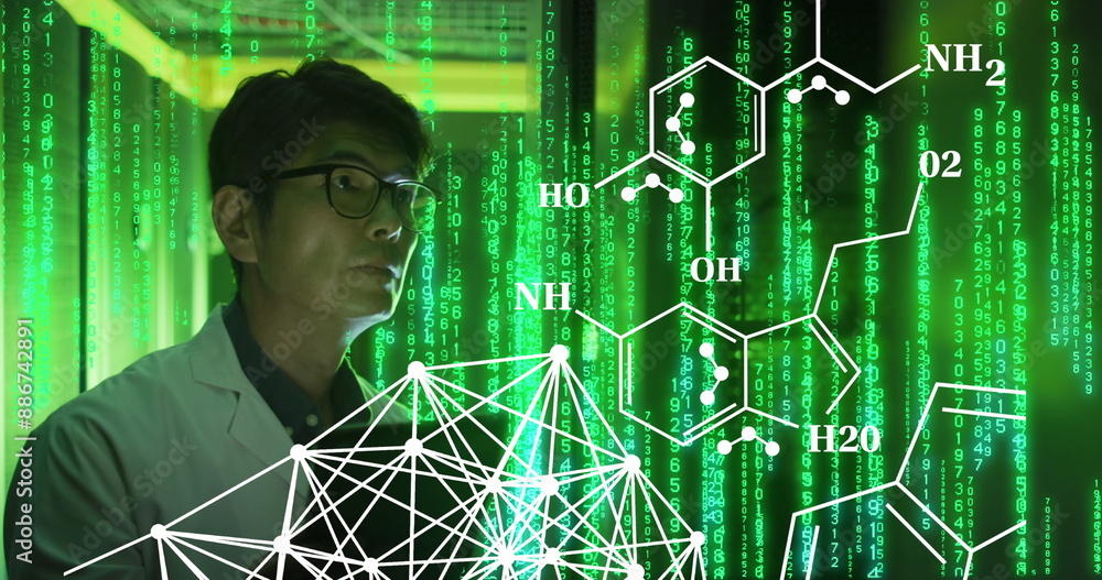Poster image of data processing with asian male it technician by computer servers