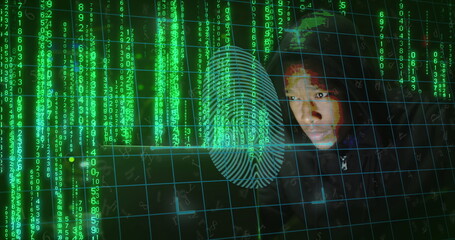 Image of biometric fingerprint and binary coding over african american man using laptop